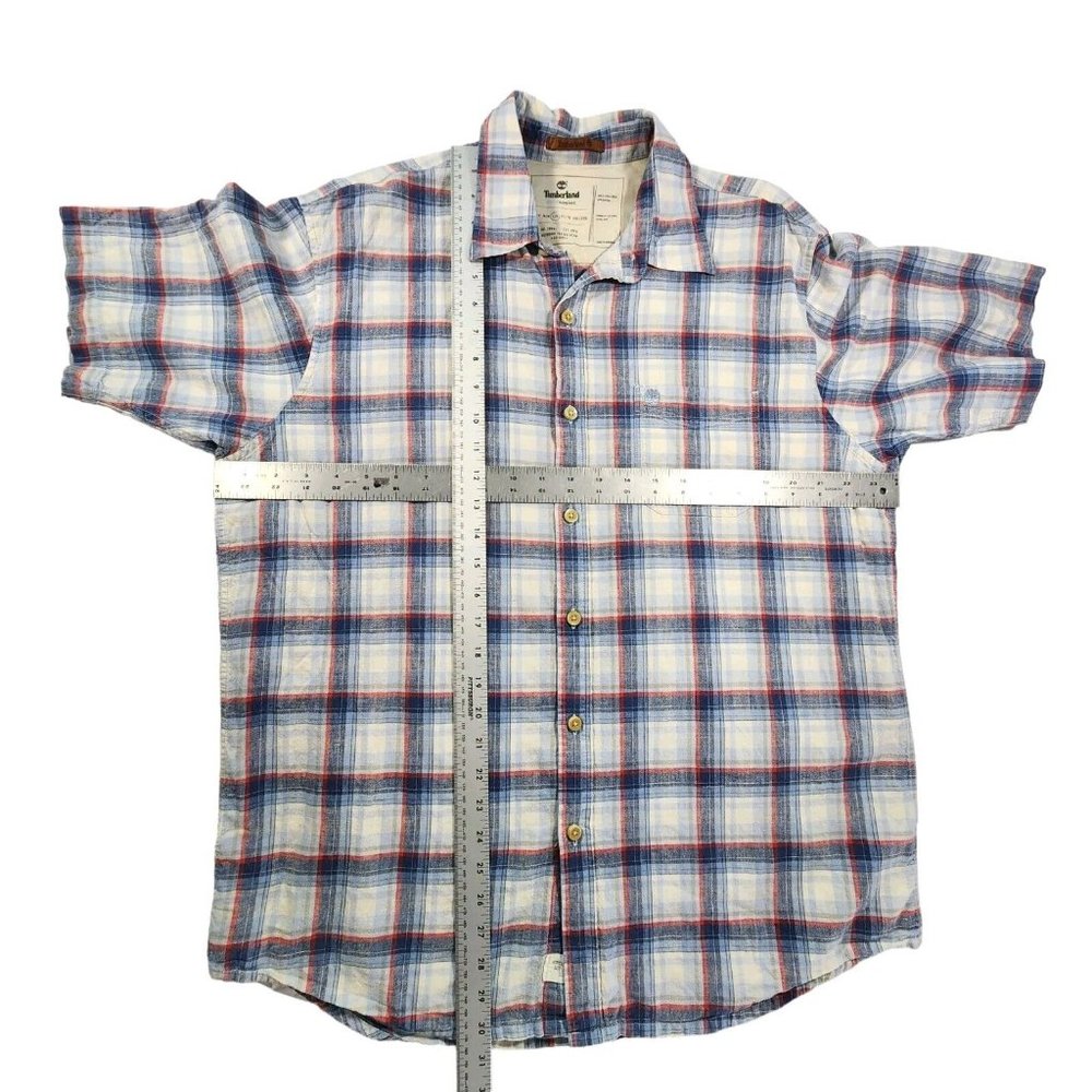 Timberland Linen‎ Blend Shirt Men's Large Blue Plaid Short Sleeve Button Front - Picture 7 of 8